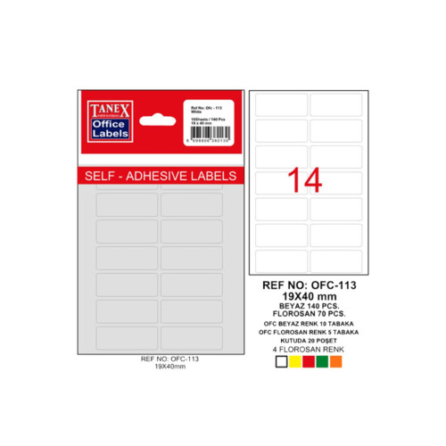 Tanex Ofis Etiketi Poşetli 19x40 MM Beyaz OFC-113 (10 Lu Paket)
