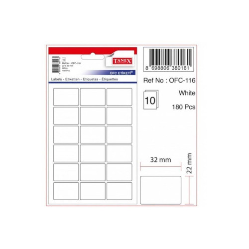 Tanex Ofis Etiketi Poşetli 22x32 MM Beyaz (10 Lu Paket)