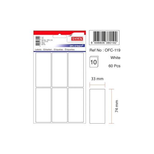 Tanex Ofis Etiketi Poşetli 33x74 MM Beyaz OFC-119 (10 Lu Paket)