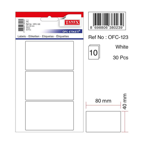 Tanex Ofis Etiketi Poşetli 48x80 Mm Beyaz Ofis Etiketi 10 Yaprak (10 Lu Paket)