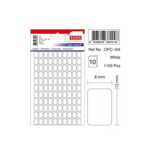 Tanex Ofis Etiketi Poşetli 8x12 MM Beyaz OFC-104 (10 Lu Paket)