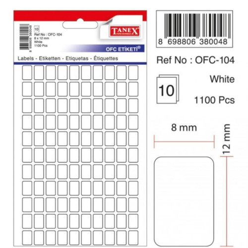 Tanex Ofis Etiketi Poşetli 8x12 MM Beyaz OFC-104 (10 Lu Paket)