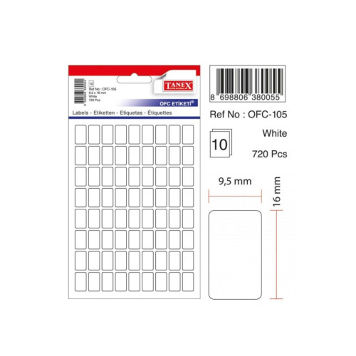 Tanex Ofis Etiketi Poşetli 9.5x16 MM Beyaz OFC-105 (10 Lu Paket)