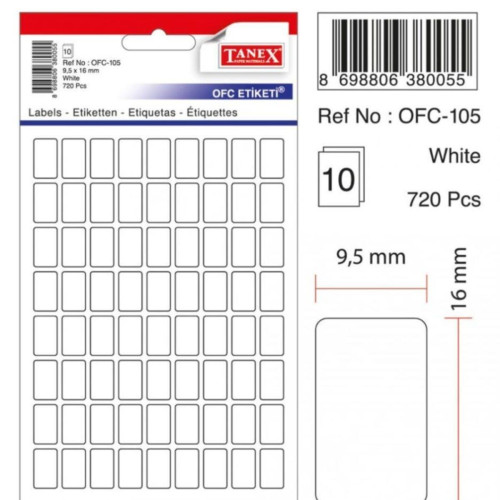 Tanex Ofis Etiketi Poşetli 9.5x16 MM Beyaz OFC-105 (10 Lu Paket)