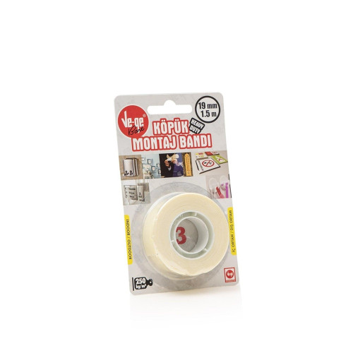 Ve-Ge Çift Taraflı Köpük Bant 19 MM x 1.5 Metre Köpük Montaj Bantı (48 Li Paket)