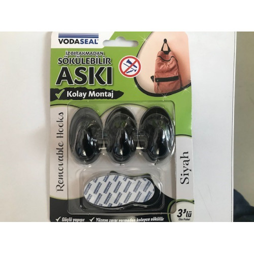 Vodaseal İz Bırakmadan Sökülebilir Askı Siyah 3 Lü Sökülebilir Askı