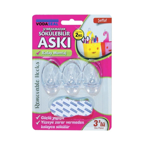 Vodaseal İz Bırakmadan Sökülebilir Askı Şeffaf 3 Lü Eko Paket Max 2 Kg