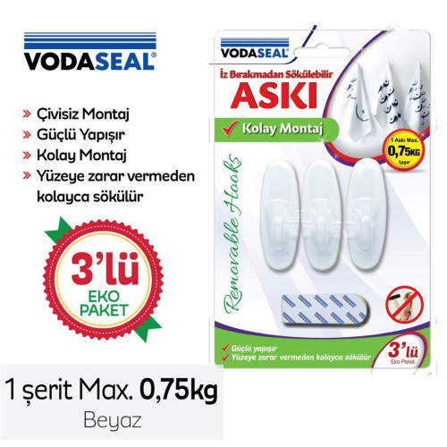 Vodaseal İz Bırakmadan Sökülebilir Askı Beyaz 3 Lü Eko Paket 750 Gram Taşıma Kapasiteli